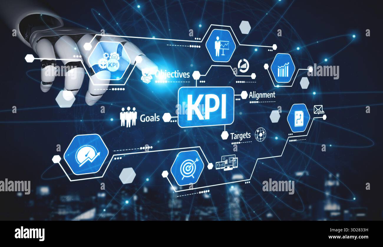 Eine digitale Darstellung einer Hand, die auf Key Performance Indicators zeigt und Tools zur Datenvisualisierung und Geschäftsziele innerhalb einer Zukunftsstrategie präsentiert Stockfoto