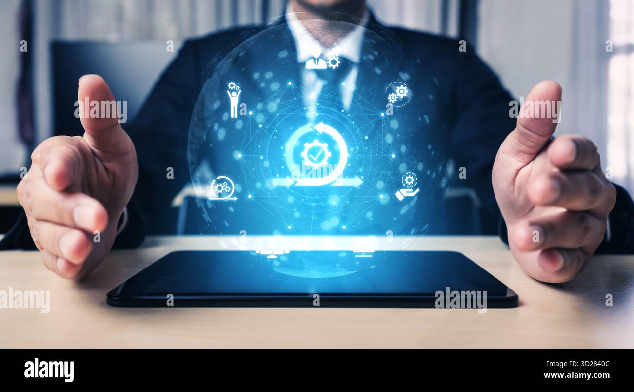 Agiles Projektmanagement mit Teams und agiles Planen für agiles entwickeln. Agile ermöglicht Flexibilität, Zusammenarbeit und kontinuierliche Verbesserung Stockfoto