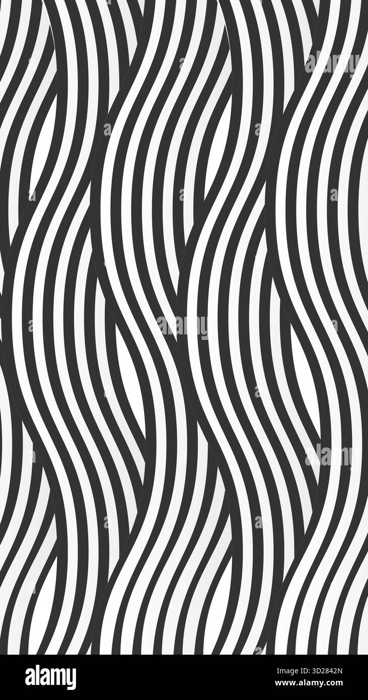 Monochrome Muster Vektor Hintergrund mit abstrakten schwarzen und weißen gewellten geometrischen Linien, die eine atemberaubende optische Illusion Textur schaffen Stock Vektor