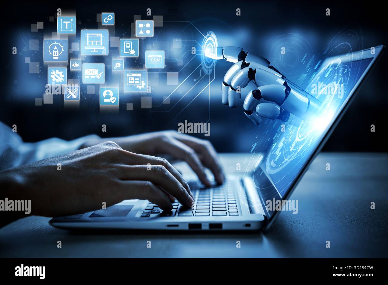 Künstliche Intelligenz optimiert den Design-Prozess der Website, vom Layout bis zur Codierung. KI-Tools helfen, eine optimale Benutzererfahrung zu schaffen und den Modus zu verbessern Stockfoto