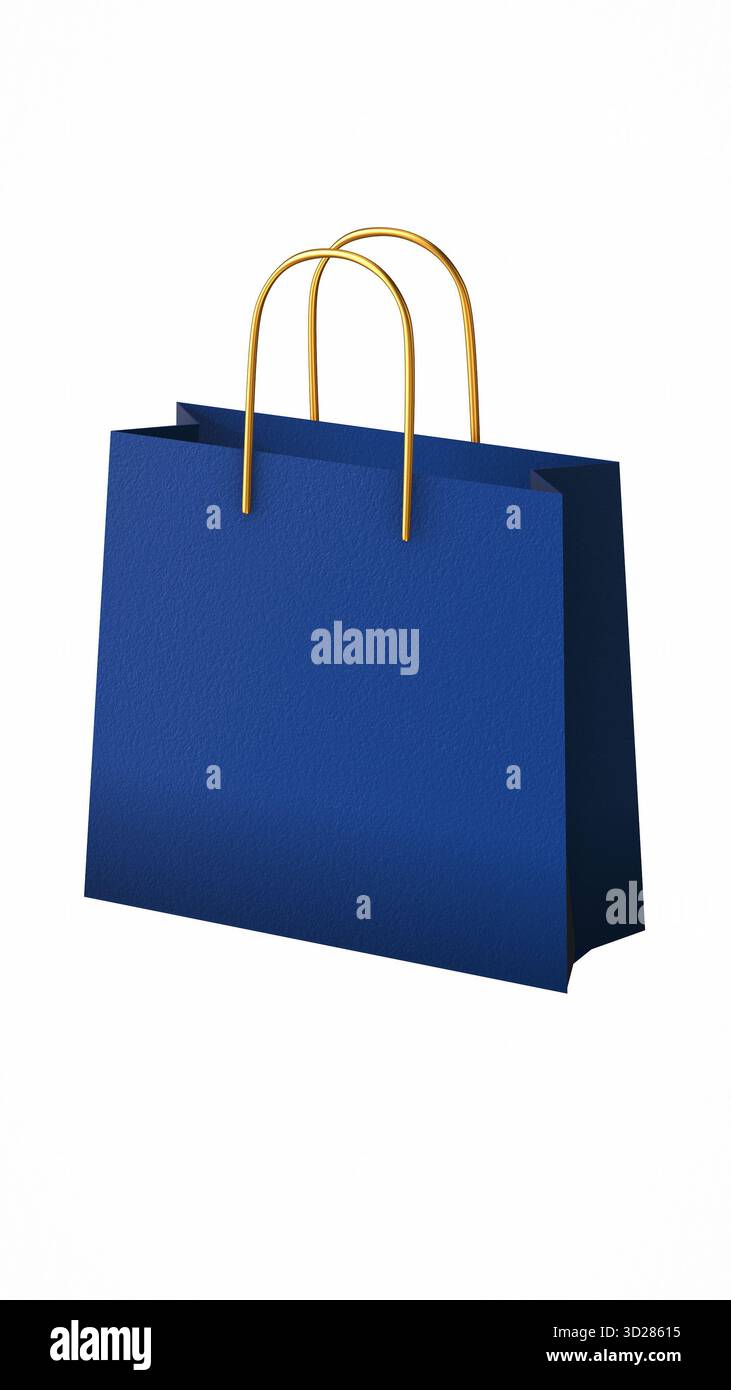 Luxuriöse marineblaue Einkaufstasche auf weißem Hintergrund Stockfoto