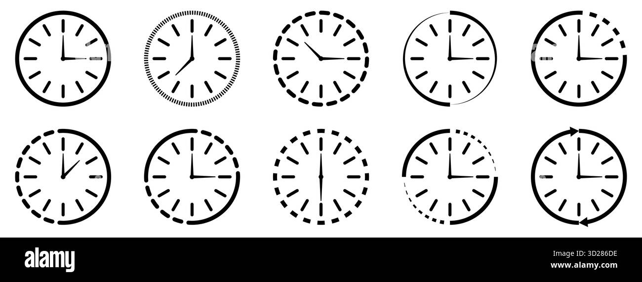 Sammlung von zehn verschiedenen Uhrenflächen, die verschiedene Uhrzeitvektoren für das Ablaufdatum anzeigen Stock Vektor