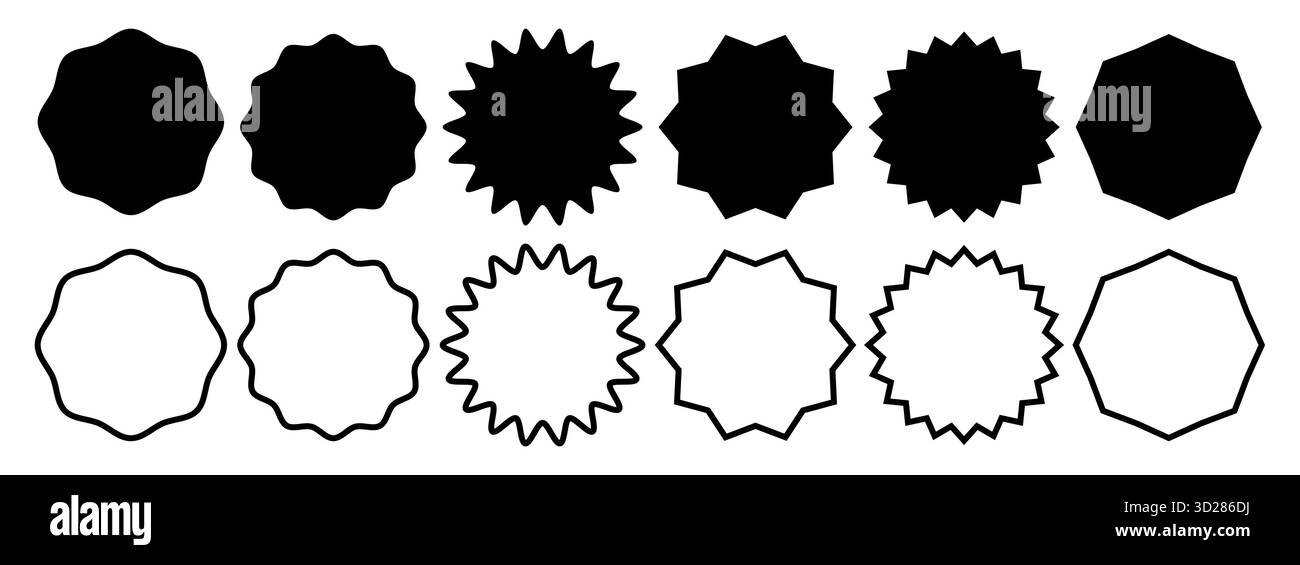 Satz von Starburst Sunburst Abzeichen Formen Vektor Elemente für Verkauf Aufkleber Preis Qualität Tag solide schwarz und Umriss Stock Vektor