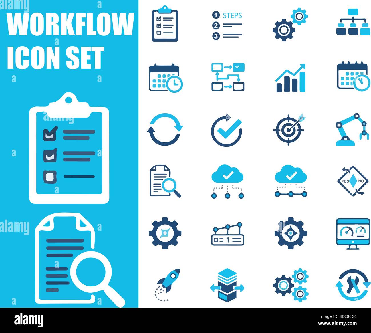 Workflow-Symbolgruppe. Symbolpaket für flache Ausführung mit Symbolen für Prozess, Aufgabe, Automatisierung, System und Zyklus Stock Vektor