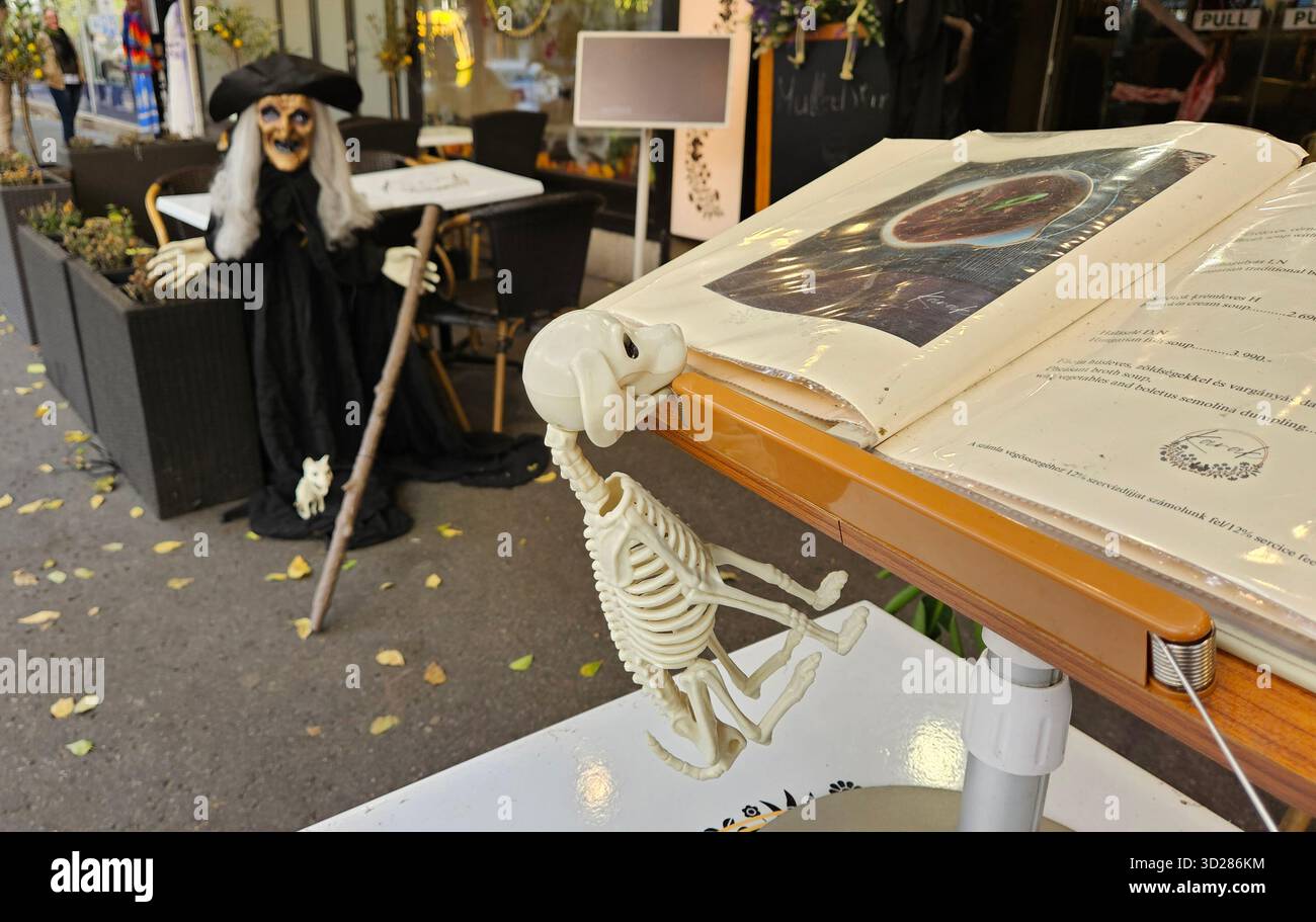 Restaurant-Menü, bewacht von einer Hundeskelett-Requisite für Halloween mit einer gruseligen Hexenfigur im Hintergrund in Budapest, Ungarn Stockfoto
