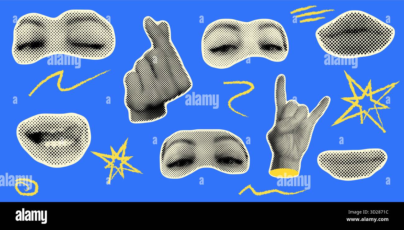 Retro-Halbtonkomposition mit Augen, Lippen und Händen. Abstrakte menschliche Gesichtsteile Vektordesign. Pop-Art-Design mit Punktmuster. Moderne kreative Collage Stock Vektor