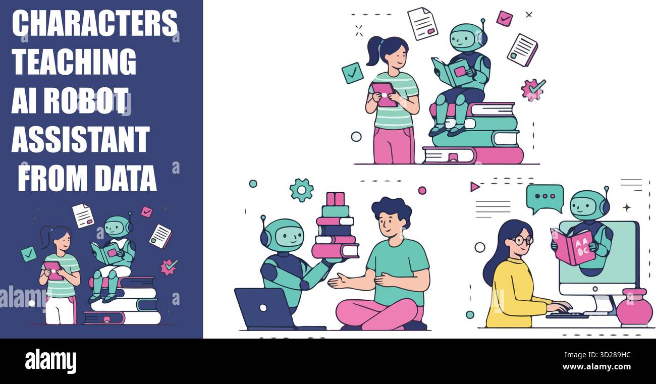 Wissenssymbole für KI- und maschinelles Lernen. Neuronales Netzwerk, Datenbildung und Roboterassistent-Konzept im Modellstil. Stock Vektor