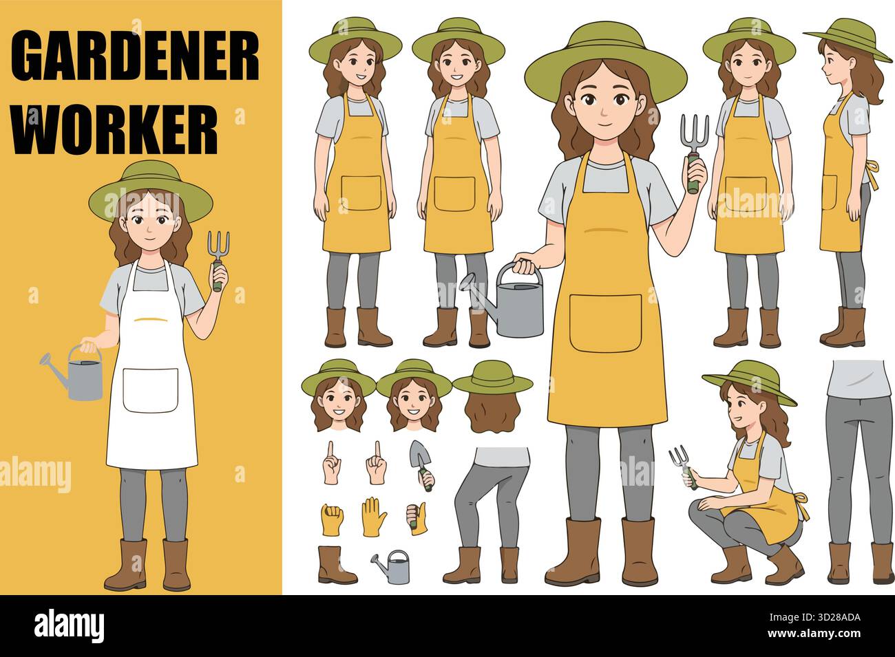 Farmer-Zeichensatz Vorder-, Seiten- Und Rückansicht. Gärtner Arbeiter mit Werkzeugen, Gießkanne und Körperpositionen Vektor-Illustration-Sammlung Stock Vektor