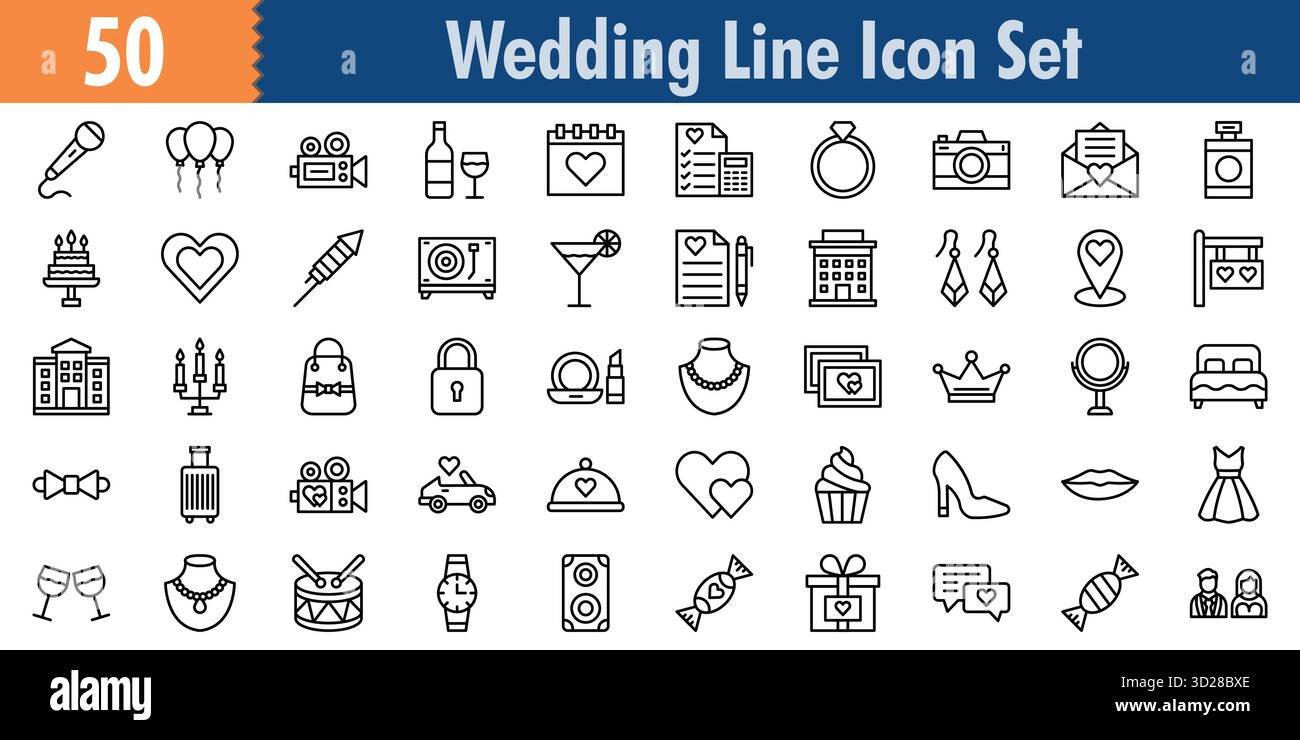 Hochzeitssymbol im Outline-Stil Minimilist und trendiges Icon-Set Stock Vektor