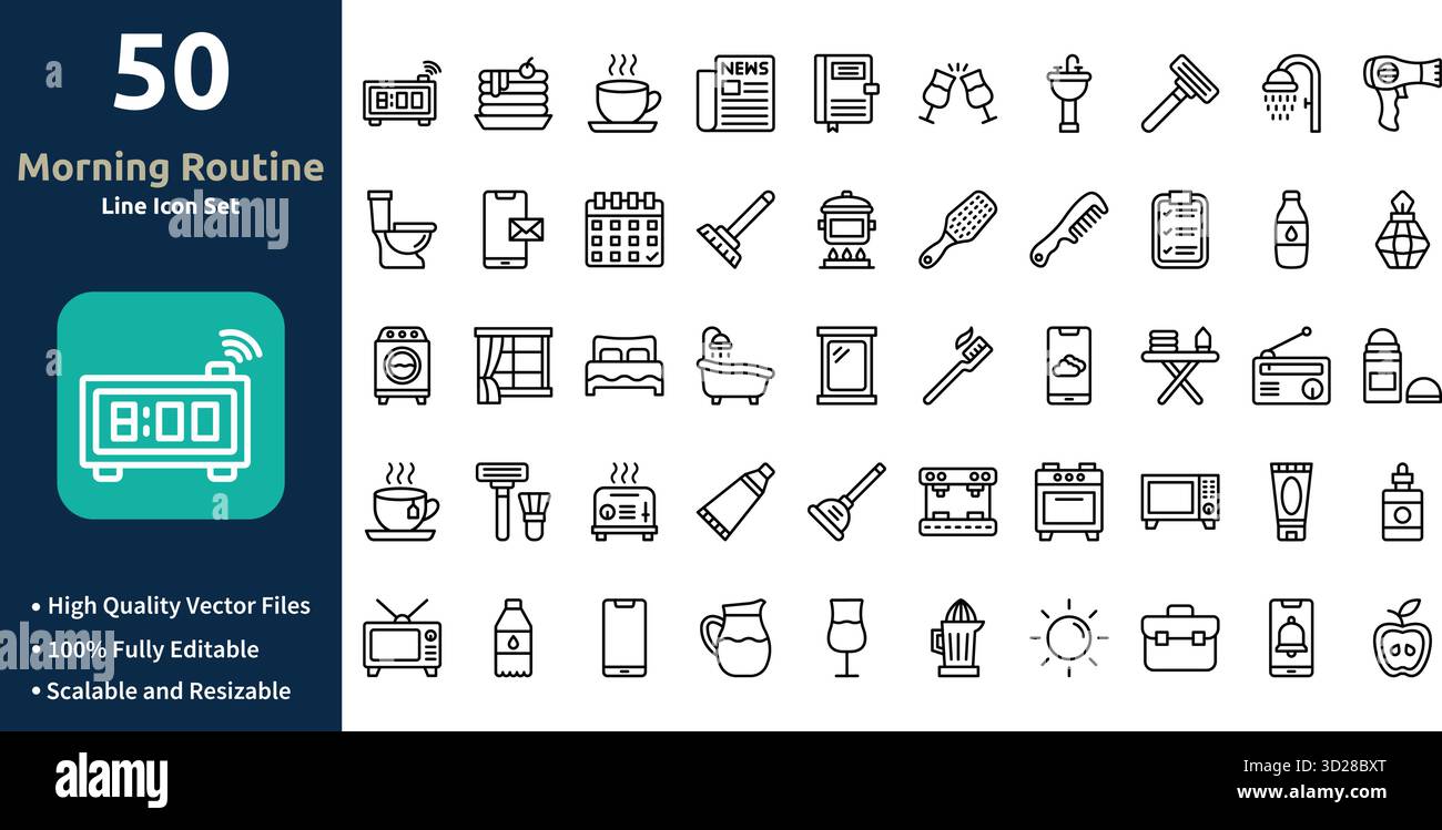 Morning Routine Icon Set im Outline Stil Minimilist und trendiges Icon Set Stock Vektor