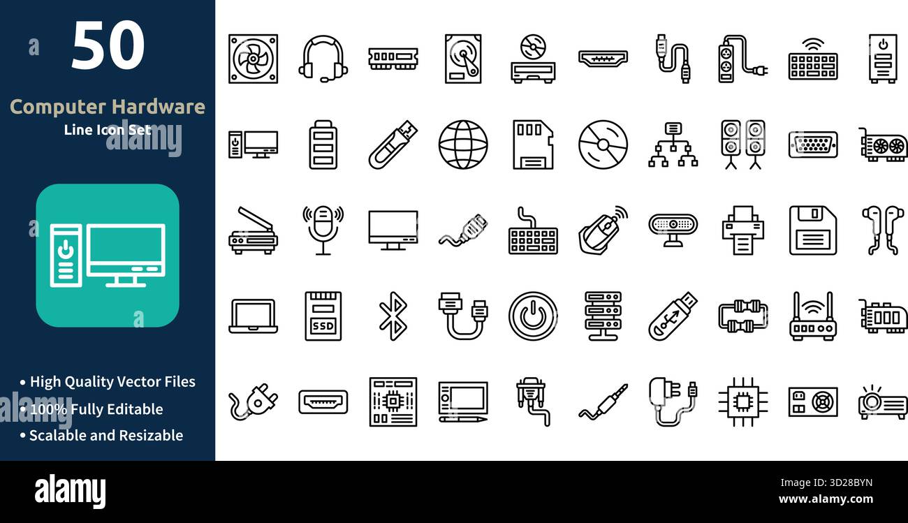 Computer-Hardware-Symbolsatz im Outline-Stil Minimilist und trendiges Symbolset Stock Vektor