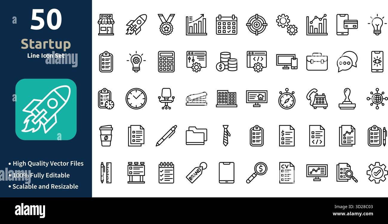 Startsymbole im Outline-Stil Minimilist und trendige Symbolgruppe Stock Vektor