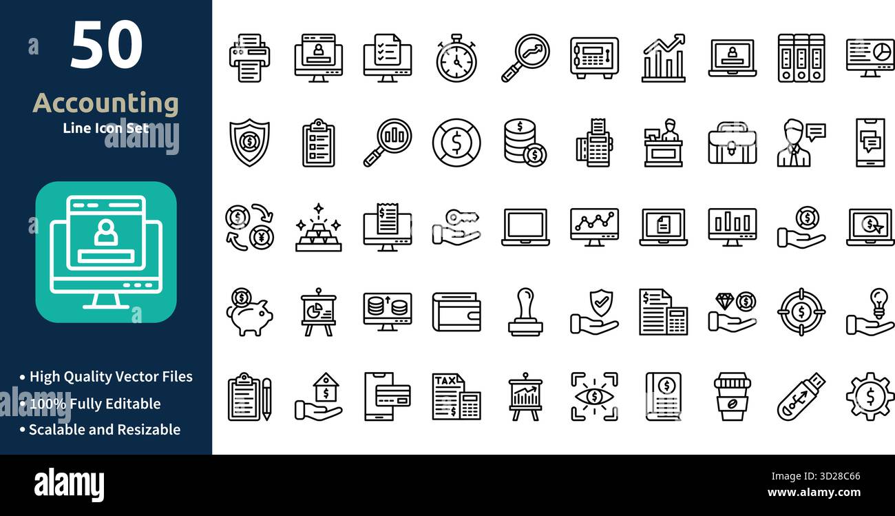 Symbolsatz für Buchhaltung im Gliederstil Minimilist und trendige Symbolgruppe Stock Vektor