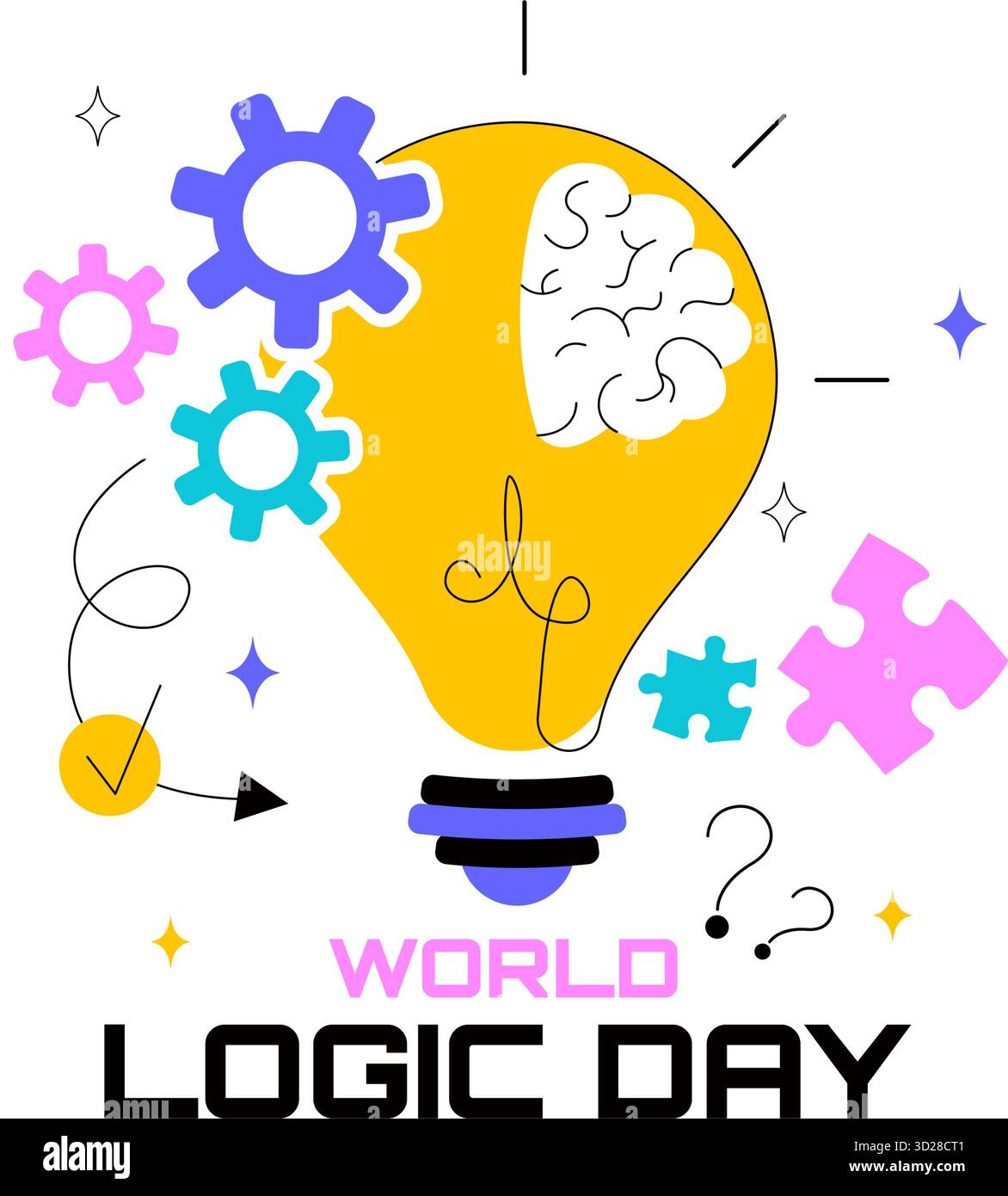 World Logic Day Vektor Illustration mit kreativem Denken, analytischem Verstand, Puzzle, Entscheidungsfindung und intelligentem Gehirn in einem flachen Hintergrund Stock Vektor
