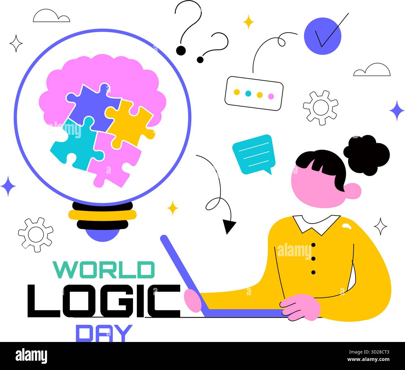 World Logic Day Vektor Illustration mit kreativem Denken, analytischem Verstand, Puzzle, Entscheidungsfindung und intelligentem Gehirn in einem flachen Hintergrund Stock Vektor