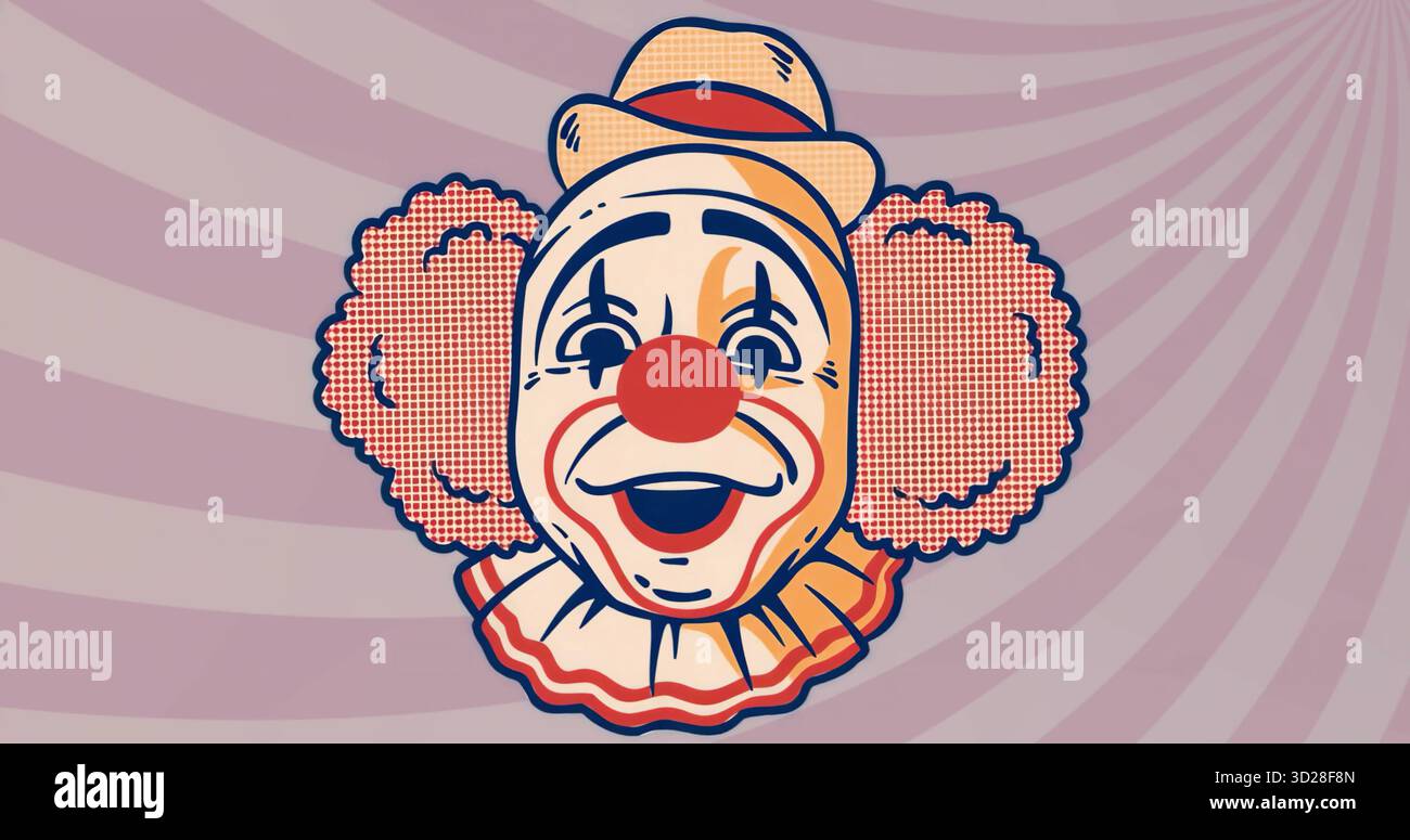 Mit stilvollem Clown-Kopf auf grafischem Hintergrund, Strohhut und Rüschenkragen Stockfoto