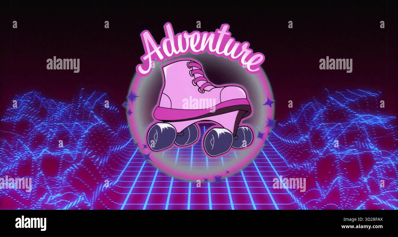 Rosafarbener Rollschuh, der im leuchtenden Ring über Neongitter schwebt, mit Adventure-Text und Wireframe-Hügeln Stockfoto
