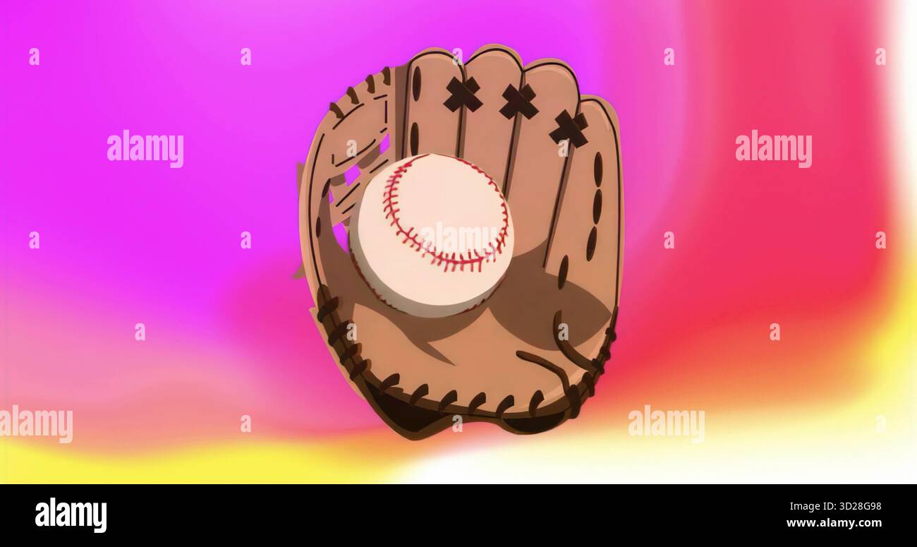 Mit braunen Baseballhandschuhen mit weißem Baseball-Motiv vor lebendigem Hintergrund Stockfoto