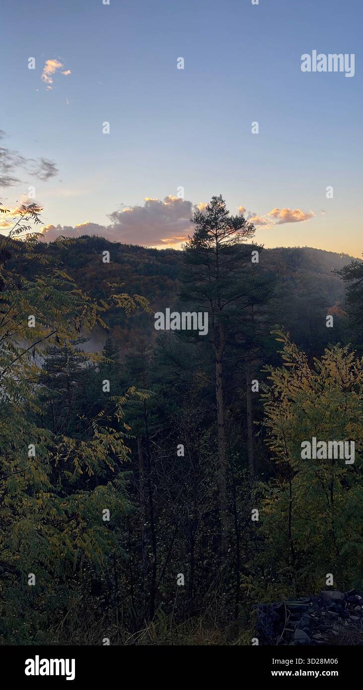 Herbstliche Berglandschaft am Grenzübergang Makaza zwischen Griechenland und Bulgarien in Ostthrakien. Nebelblick am Morgen auf bewaldete Hügel. Stockfoto