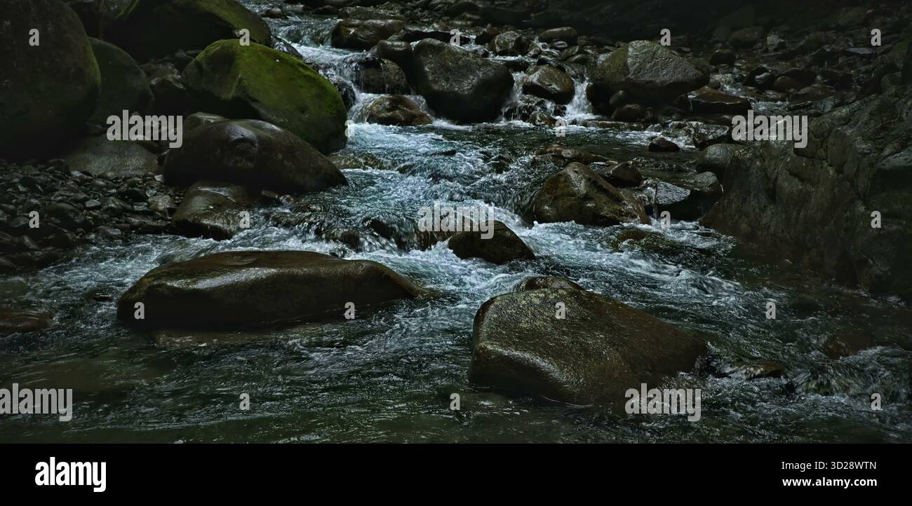 Der turbulente Fluss fließt schnell inmitten der zerklüfteten, nassen Steine Stockfoto