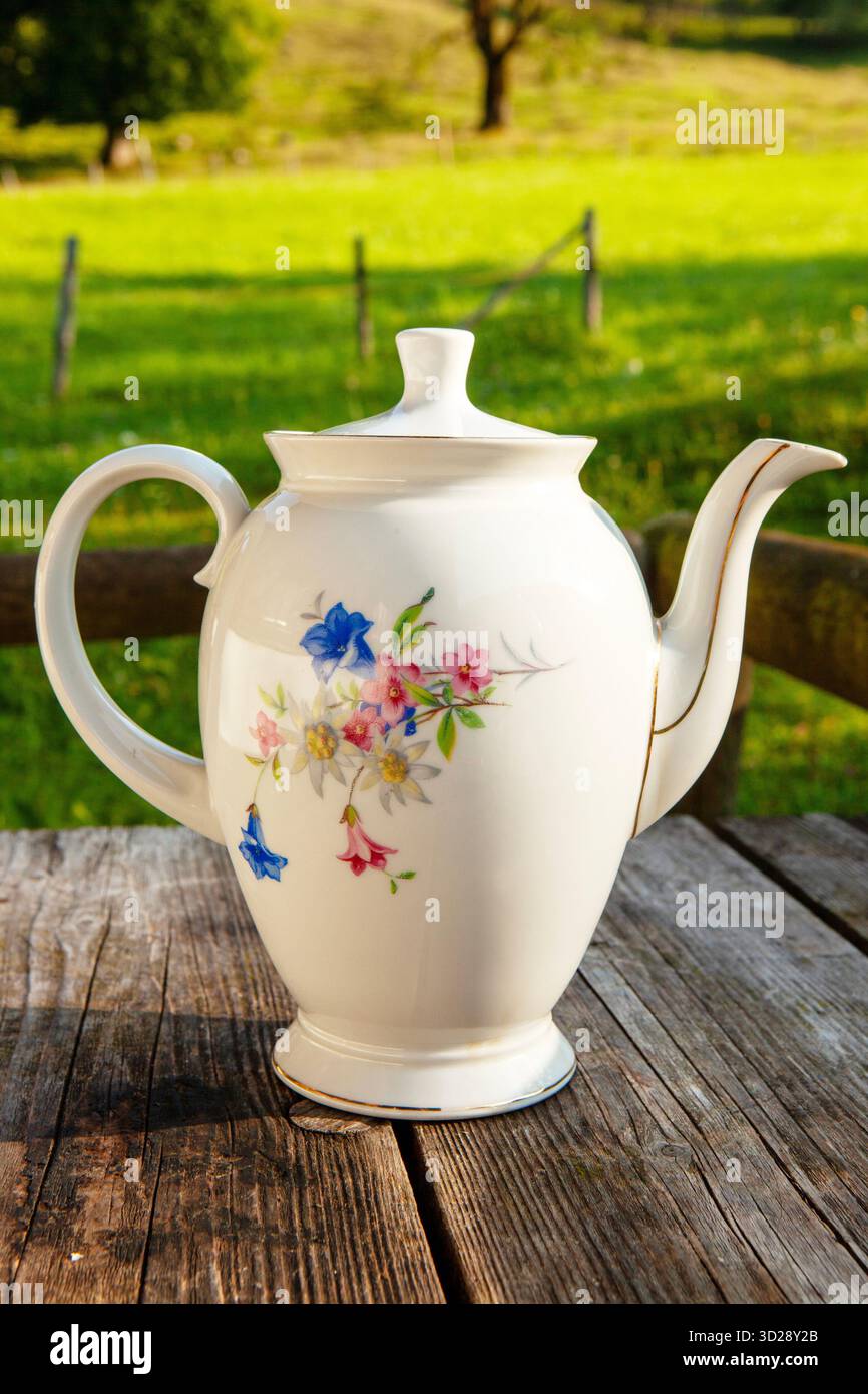 Schöne Vintage bemalte Porzellan Kaffeekanne Stockfoto