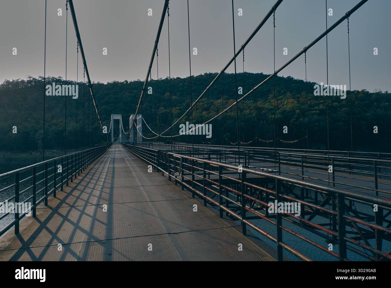Eine lange Hängebrücke erstreckt sich über einen Stausee, der von bewaldeten Hügeln umgeben ist, deren Kabel und Pfad eine starke lineare Perspektive schaffen. Stockfoto