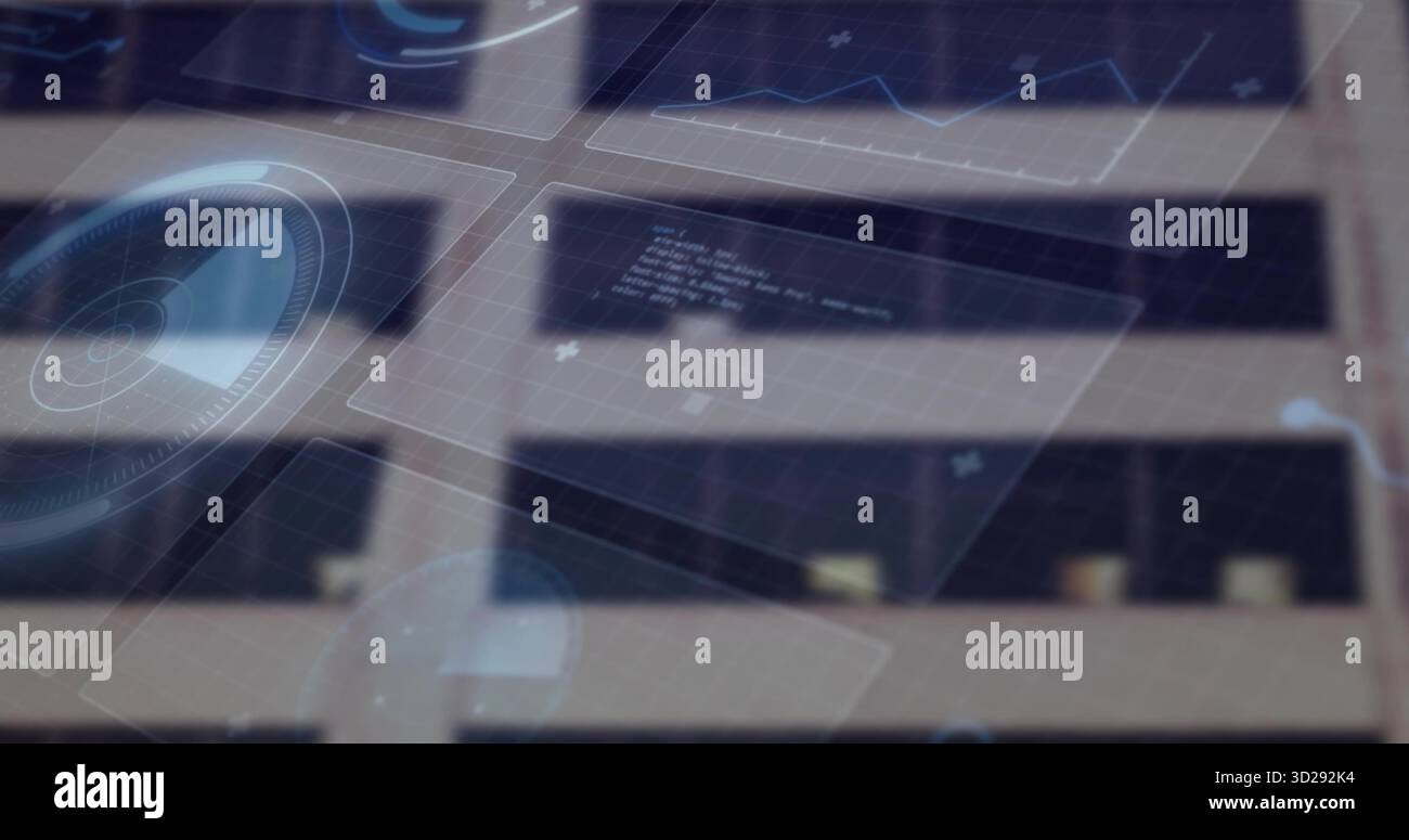 Holographische Tafeln, die die Stadtfassade überlagern, zeigen Radardiagramme, Codefenster und Becher Stockfoto