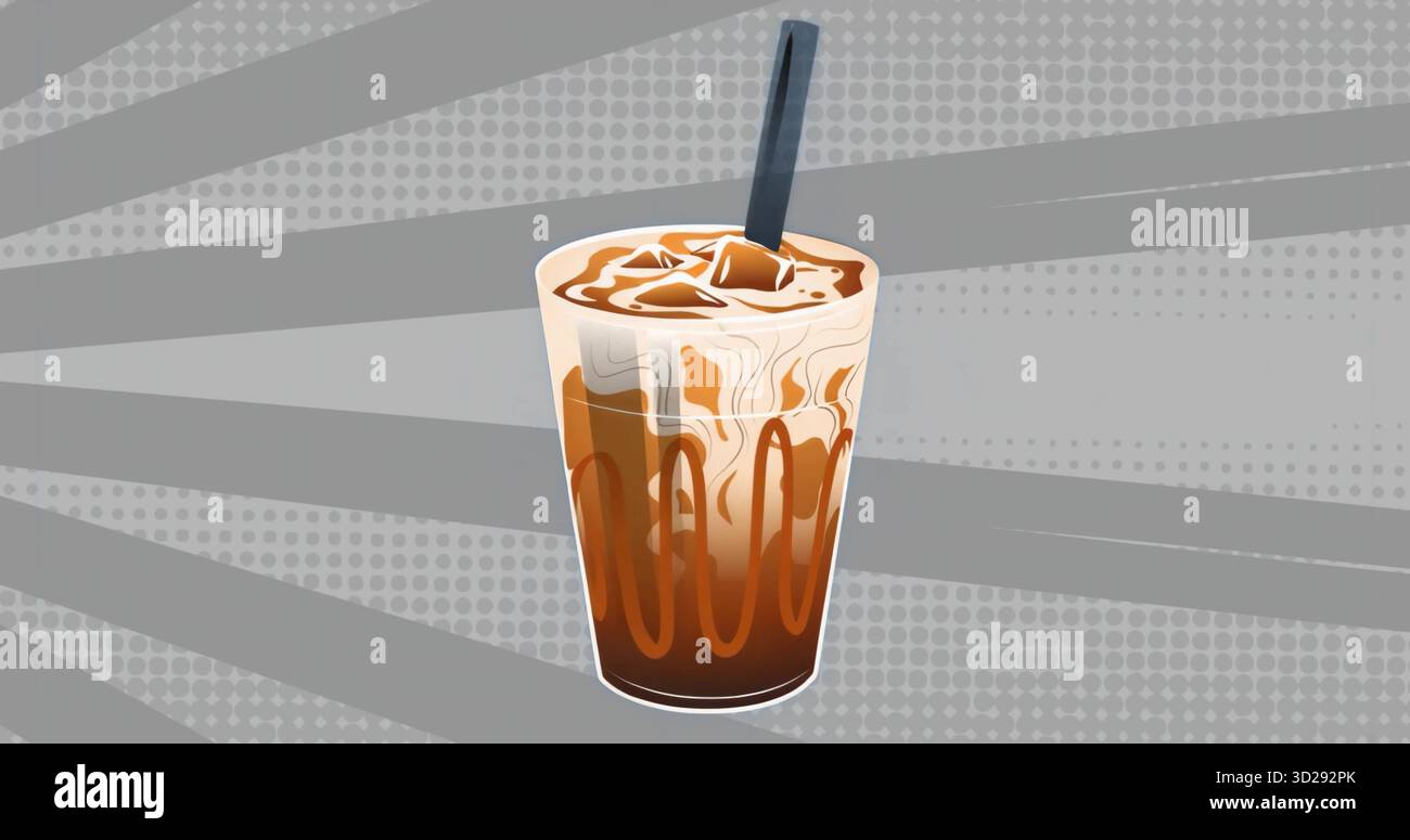 Zeigt Glas mit geschichtetem Eiskaffee, wirbelnde Creme-Eiswürfel, die auf einem grafischen Hintergrund tropfen Stockfoto