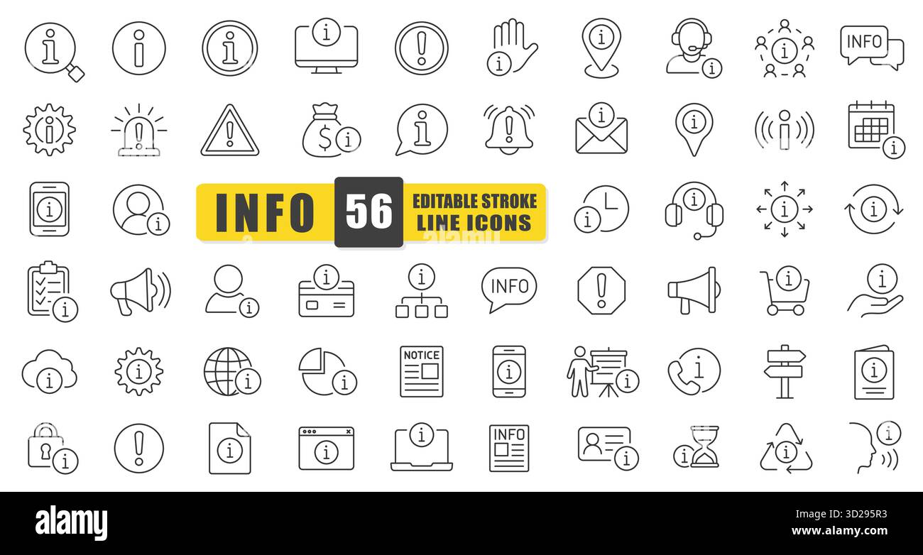 Vektorsatz Für Symbol Informationszeile. Eine Sammlung von 54 dünnen bearbeitbaren Kontursymbolen für Hilfe, Support, Warnungen, Tipps und Kommunikation. Stock Vektor
