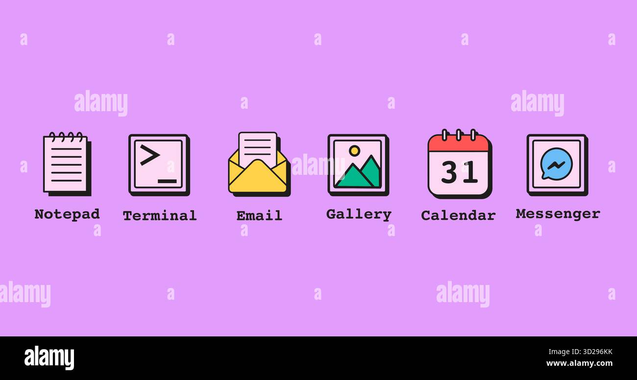 Retro-App-Symbole mit Notizblock, Terminal, E-Mail, Galerie, Kalender, und Messenger-Symbole. Minimale Vektordarstellung isoliert auf weißem Hintergrund. Stock Vektor