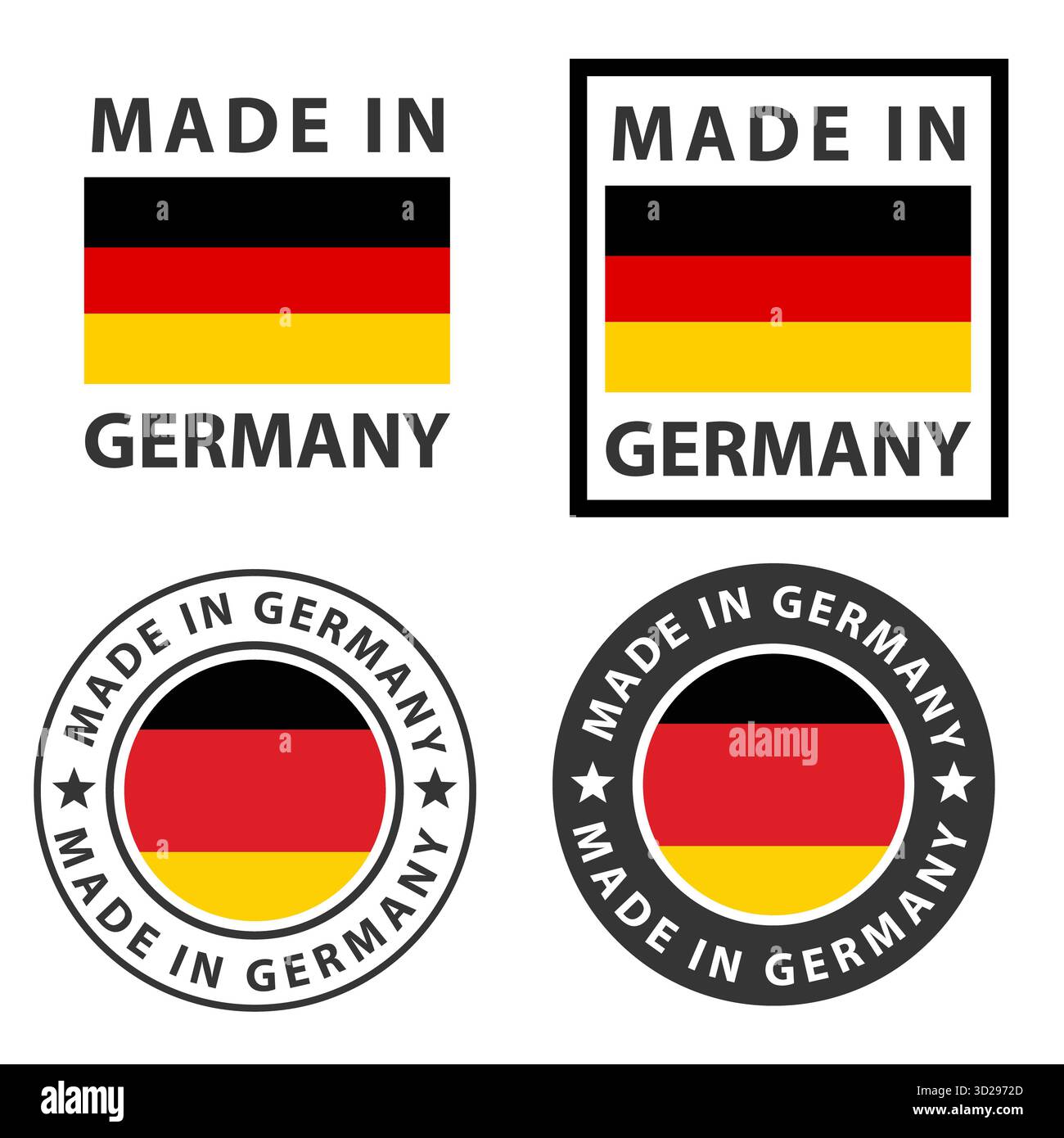 Set mit Etikett für Made in Germany, Italien. Stempelaufkleber Made in Germany. Flacher STYLE. Stockfoto