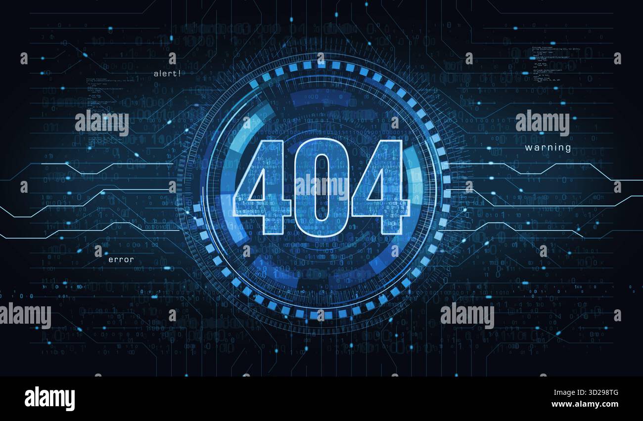 Fehler 404 Seite nicht gefunden. Oops Problemsymbol Digital Concept. Netzwerk, Cybertechnologie und Computerhintergrund abstrakte 3D-Illustration. Stockfoto