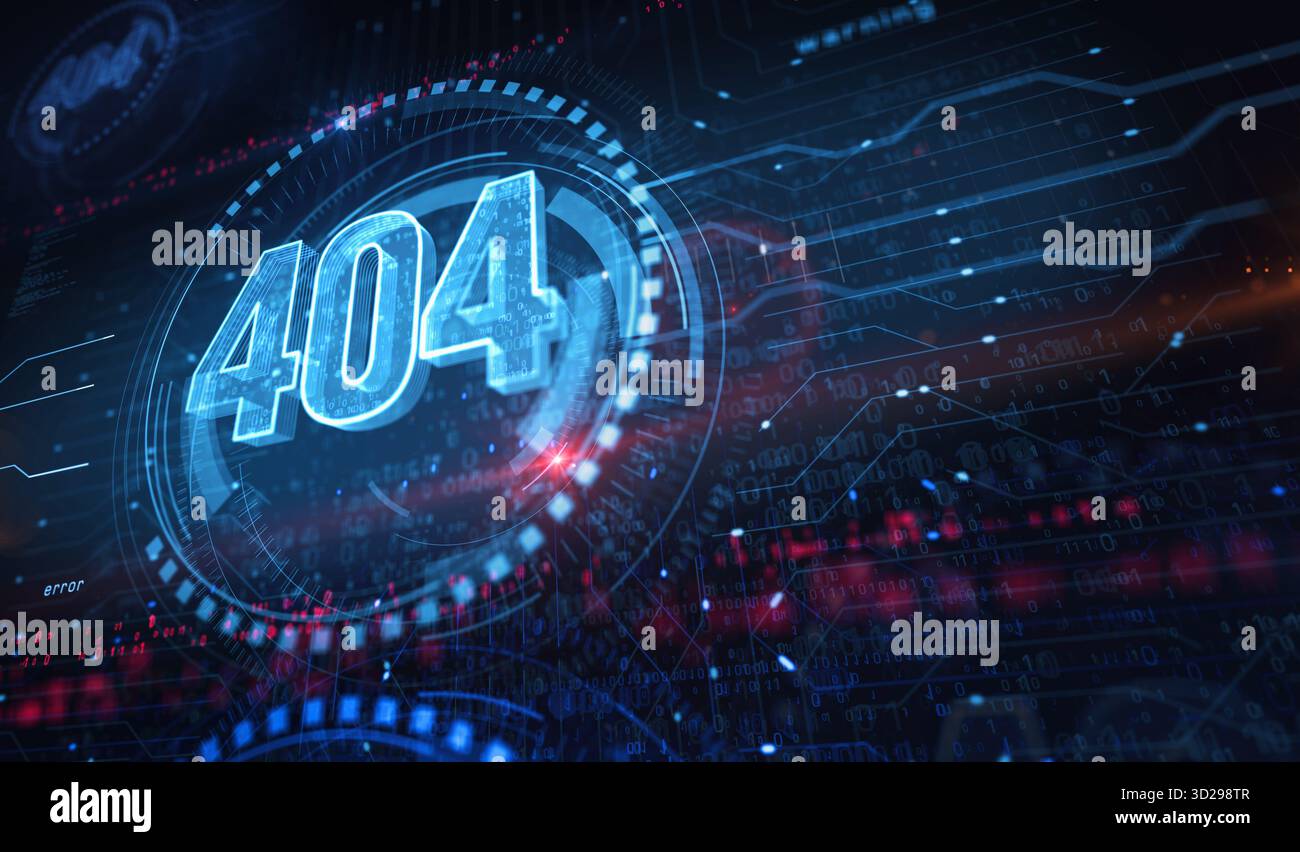Fehler 404 Seite nicht gefunden. Oops Problemsymbol Digital Concept. Netzwerk, Cybertechnologie und Computerhintergrund abstrakte 3D-Illustration. Stockfoto