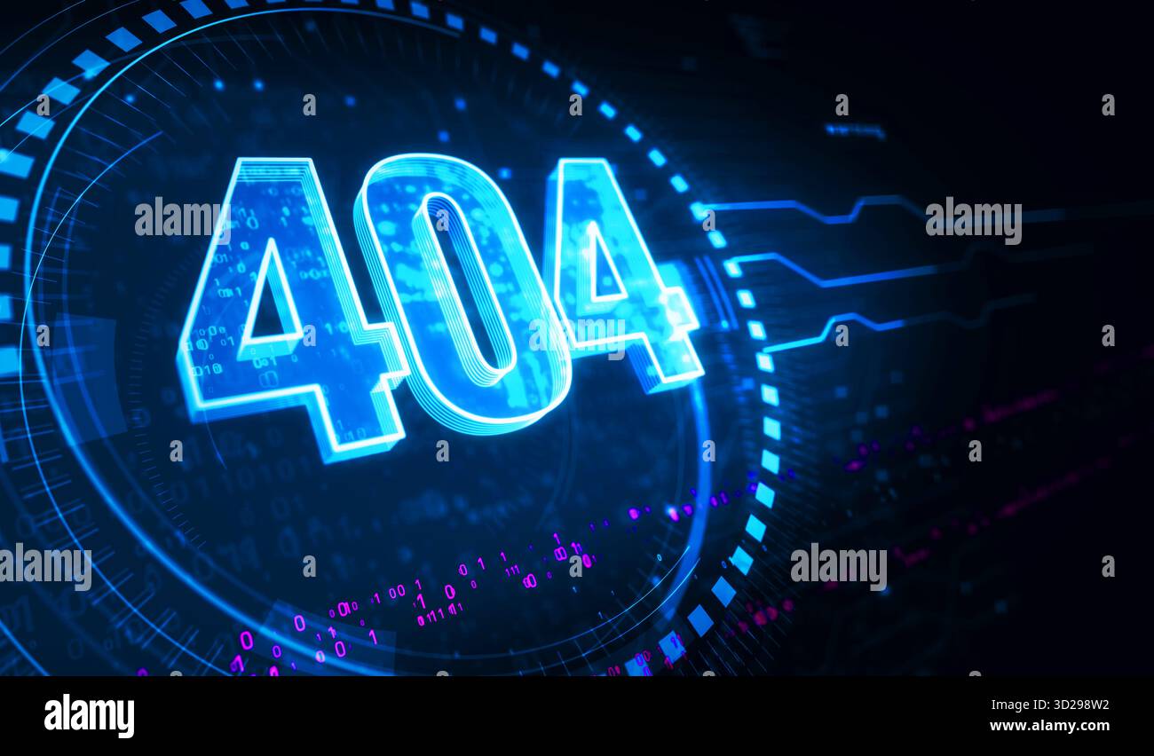 Fehler 404 Seite nicht gefunden. Oops Problemsymbol Digital Concept. Netzwerk, Cybertechnologie und Computerhintergrund abstrakte 3D-Illustration. Stockfoto