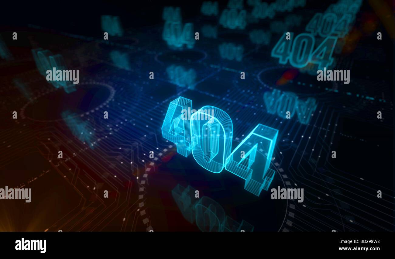 Fehler 404 Seite nicht gefunden. Oops Problemsymbol Digital Concept. Netzwerk, Cybertechnologie und Computerhintergrund abstrakte 3D-Illustration. Stockfoto