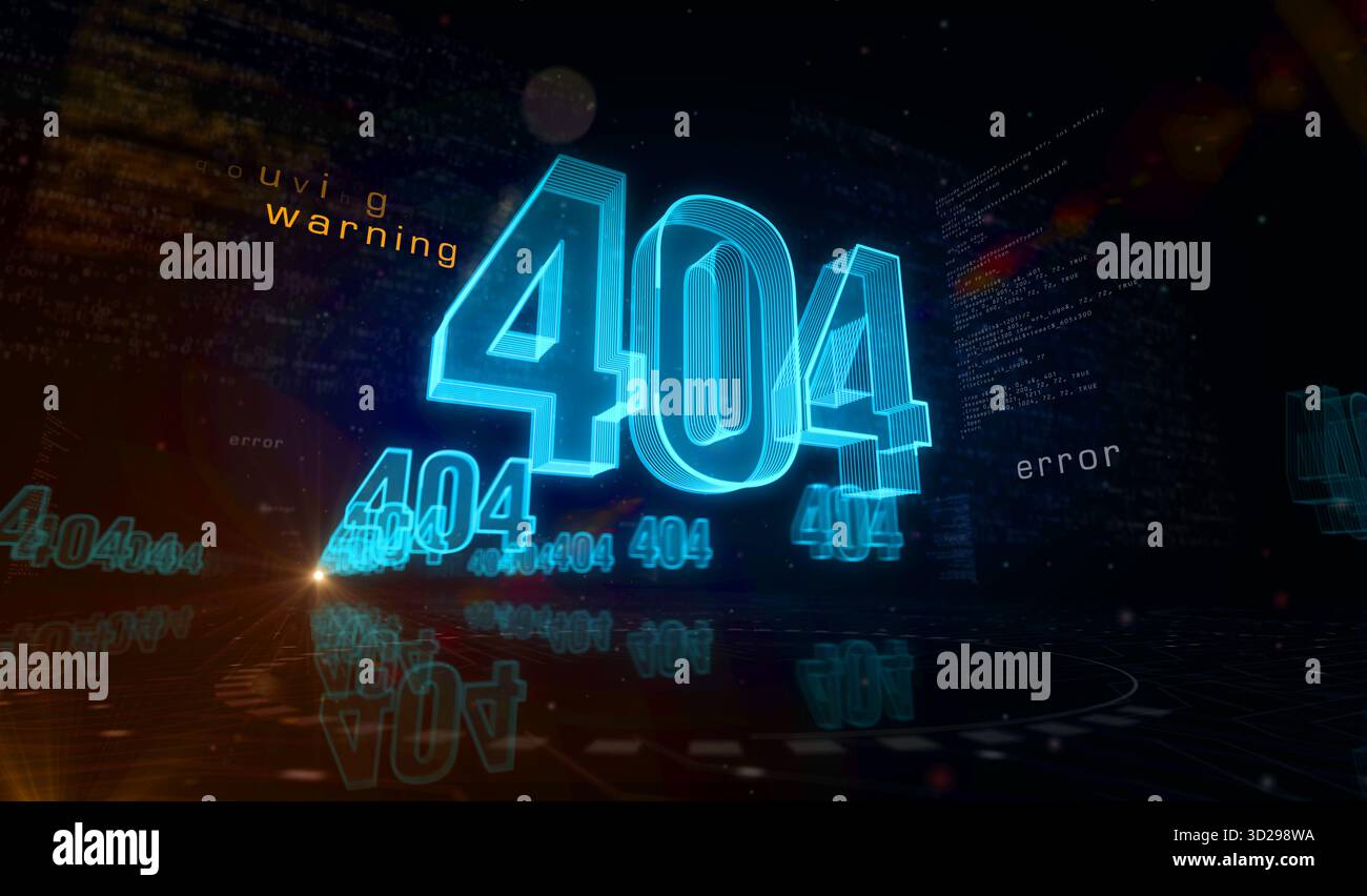 Fehler 404 Seite nicht gefunden. Oops Problemsymbol Digital Concept. Netzwerk, Cybertechnologie und Computerhintergrund abstrakte 3D-Illustration. Stockfoto