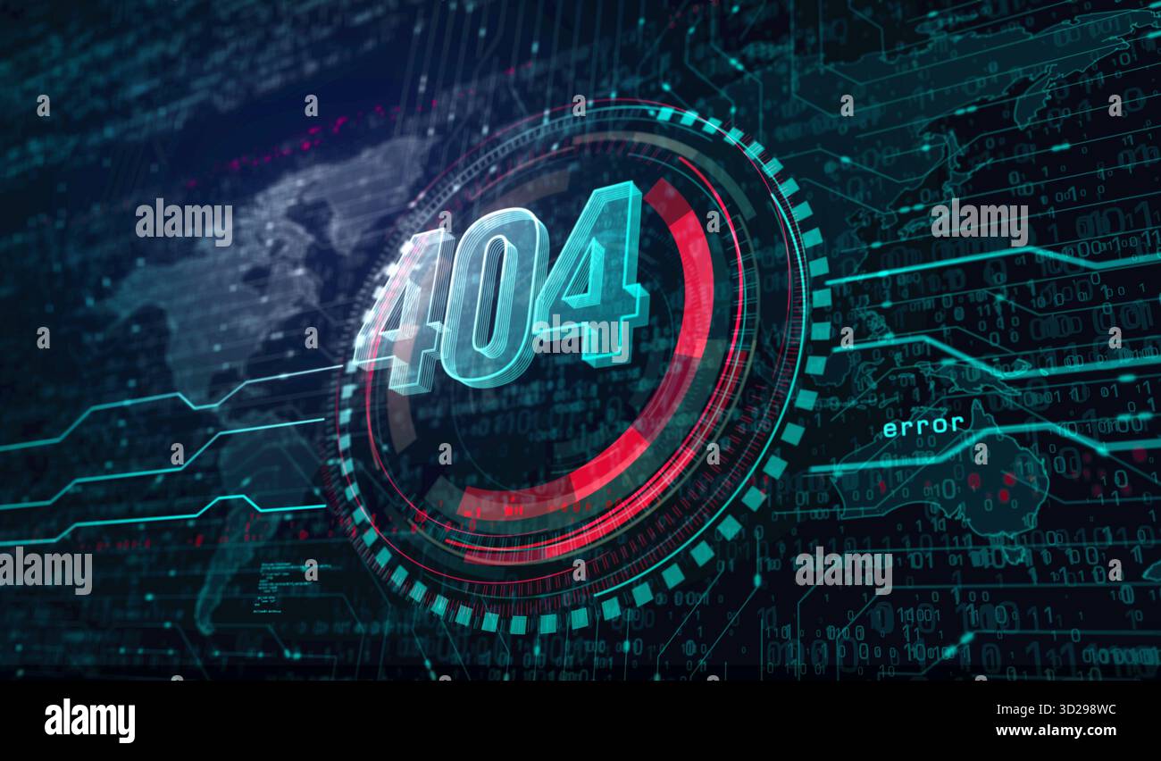 Fehler 404 Seite nicht gefunden. Oops Problemsymbol Digital Concept. Netzwerk, Cybertechnologie und Computerhintergrund abstrakte 3D-Illustration. Stockfoto