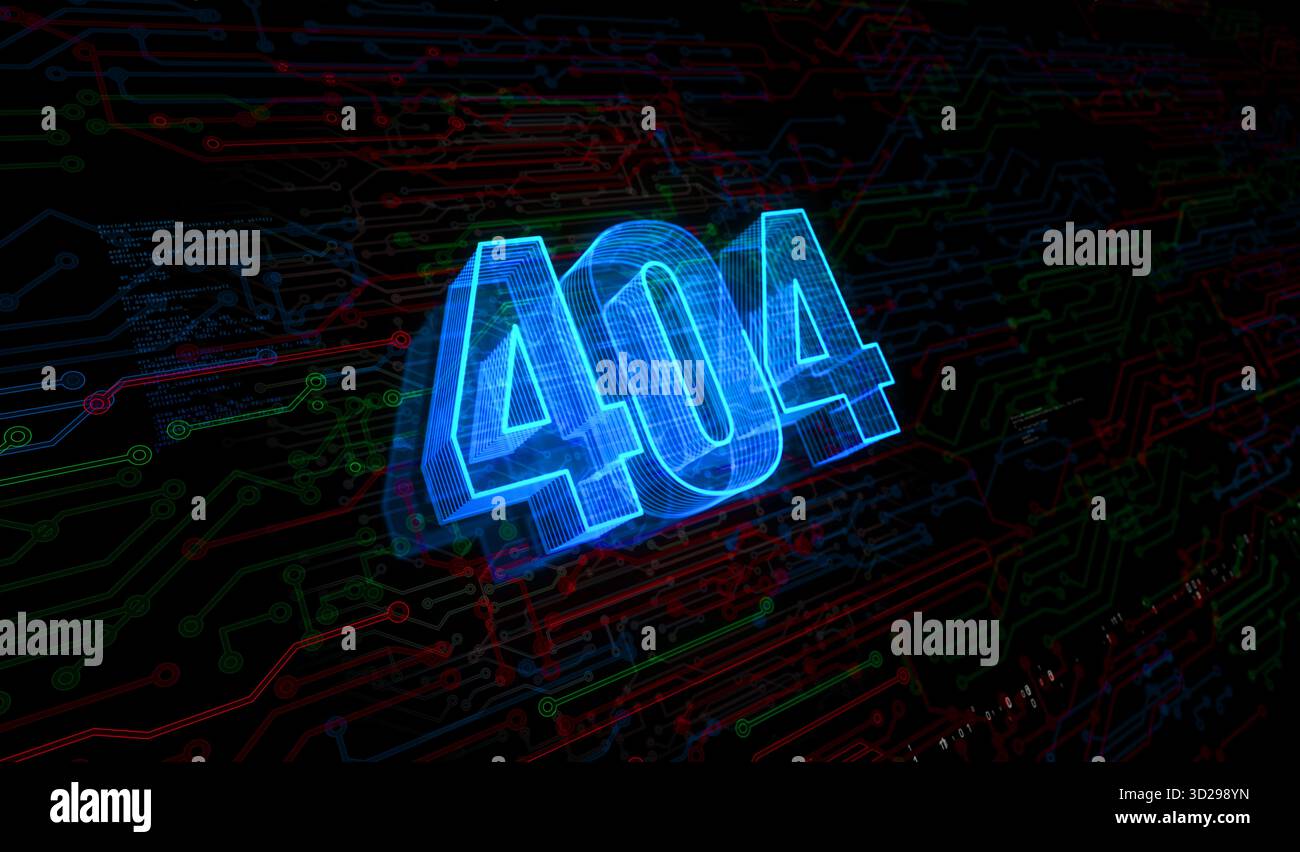 Fehler 404 Seite nicht gefunden. Oops Problemsymbol Digital Concept. Netzwerk, Cybertechnologie und Computerhintergrund abstrakte 3D-Illustration. Stockfoto