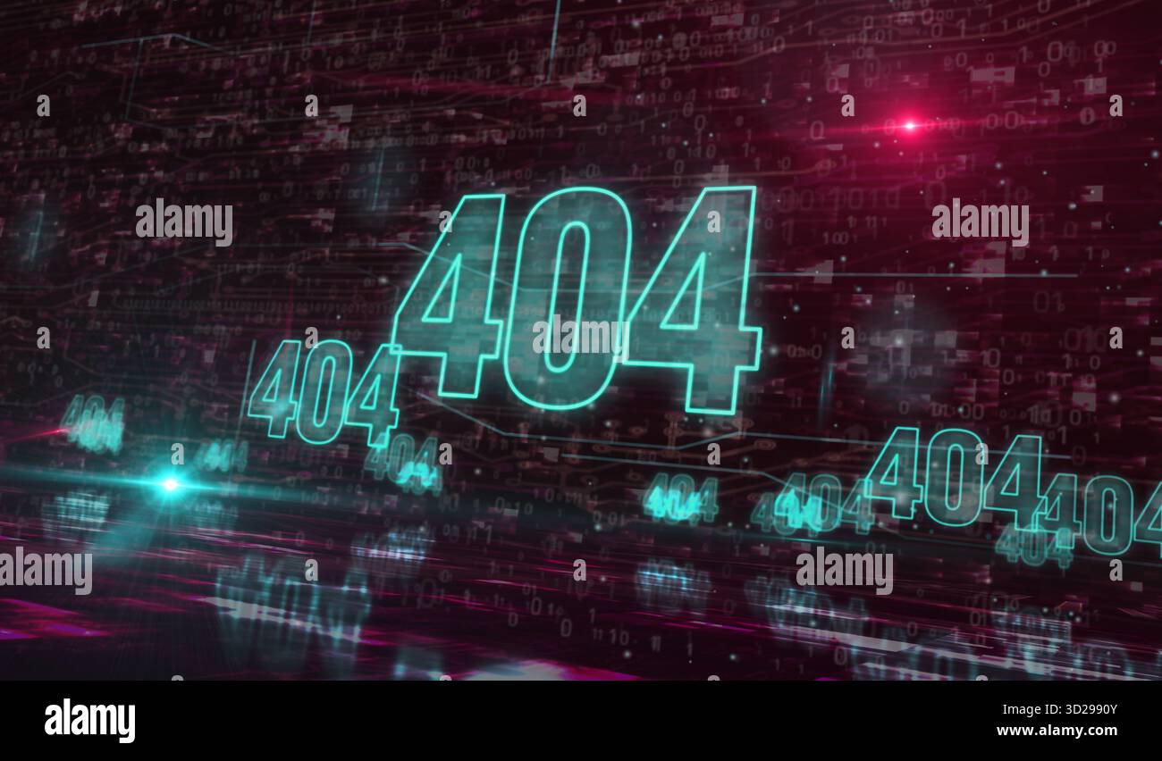 Fehler 404 Seite nicht gefunden. Oops Problemsymbol Digital Concept. Netzwerk, Cybertechnologie und Computerhintergrund abstrakte 3D-Illustration. Stockfoto