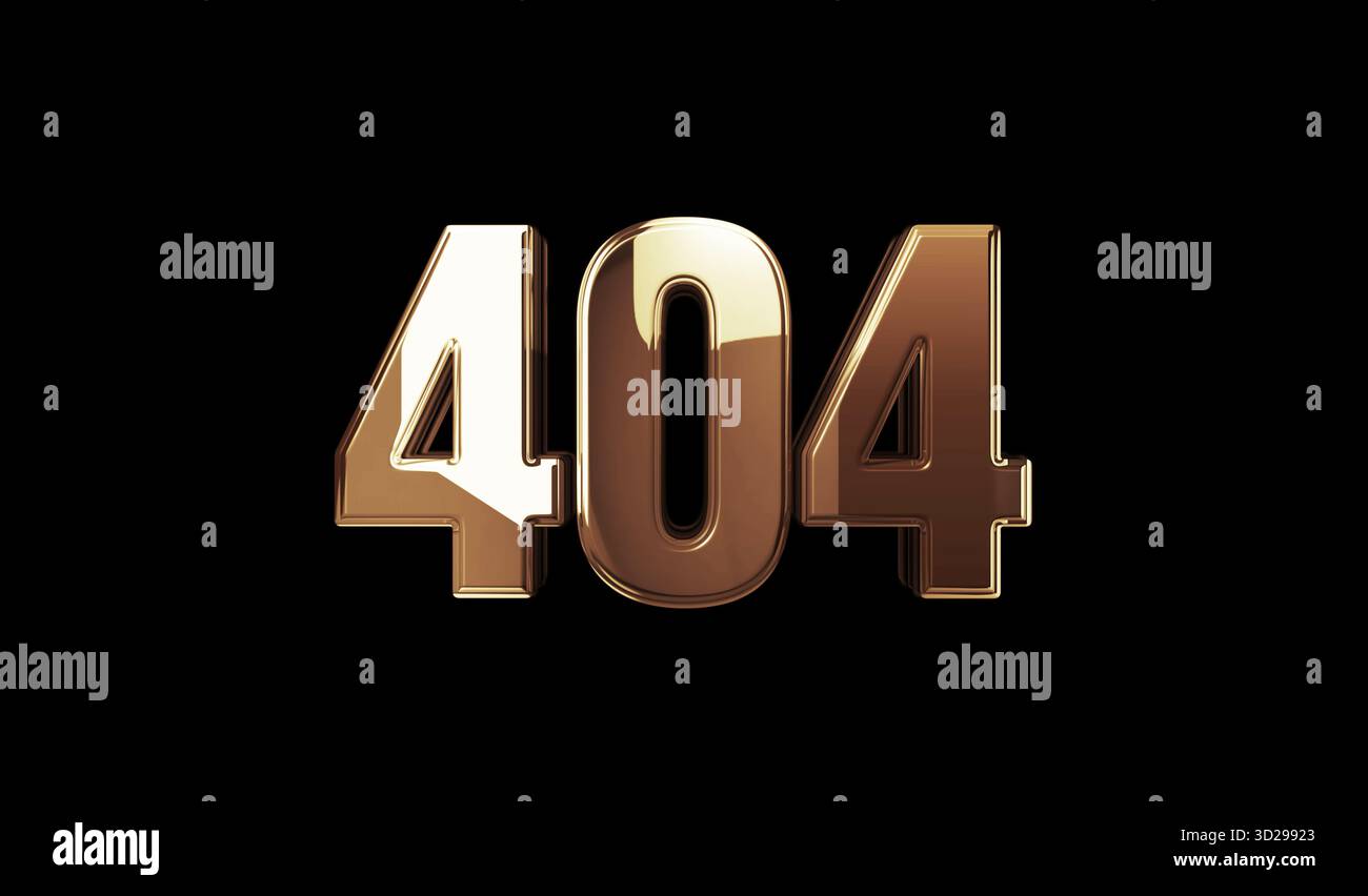 Fehler 404 Seite nicht gefunden. Oops Problem: Konzept für goldenes Metall-Glanzsymbol. Spektakuläres Glüh- und Reflexionslichtsymbol abstraktes Objekt 3D-Illustration Stockfoto