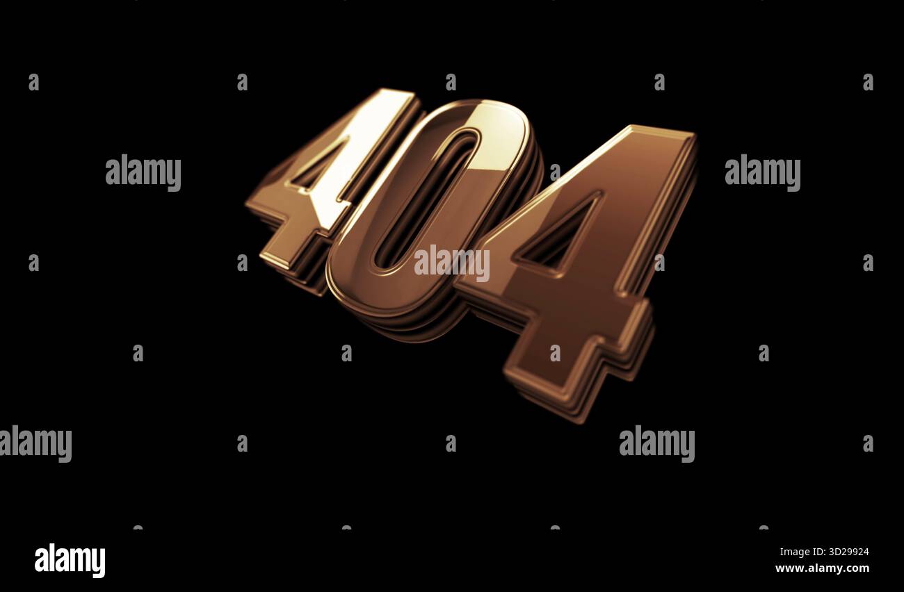 Fehler 404 Seite nicht gefunden. Oops Problem: Konzept für goldenes Metall-Glanzsymbol. Spektakuläres Glüh- und Reflexionslichtsymbol abstraktes Objekt 3D-Illustration Stockfoto