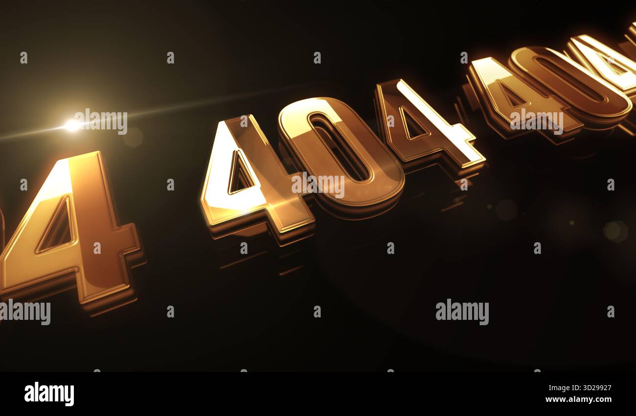 Fehler 404 Seite nicht gefunden. Oops Problem: Konzept für goldenes Metall-Glanzsymbol. Spektakuläres Glüh- und Reflexionslichtsymbol abstraktes Objekt 3D-Illustration Stockfoto