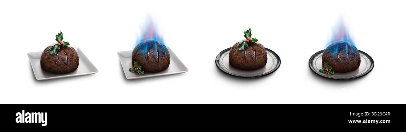 Niedriger Winkel von runden Tellern, stechpalme und ein traditioneller Weihnachtspudding, getränkt in Brandy und beleuchtet, wodurch blaue Flammen isoliert vor weißem Hintergrund entstehen. Stockfoto