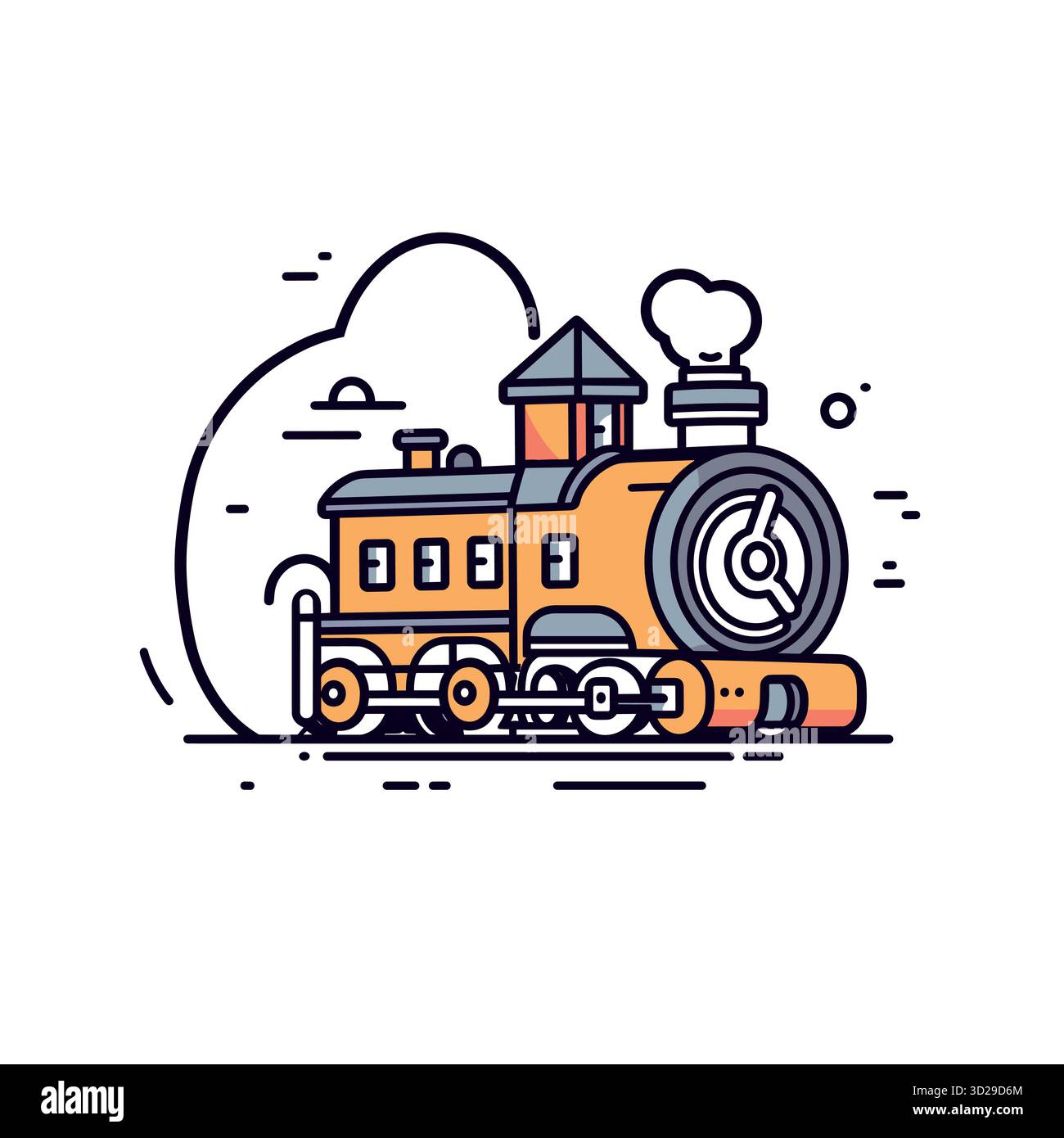 Cartoon-Zuglokomotive fährt mit Rauch in minimalistischem Design auf weißem Hintergrund Stock Vektor
