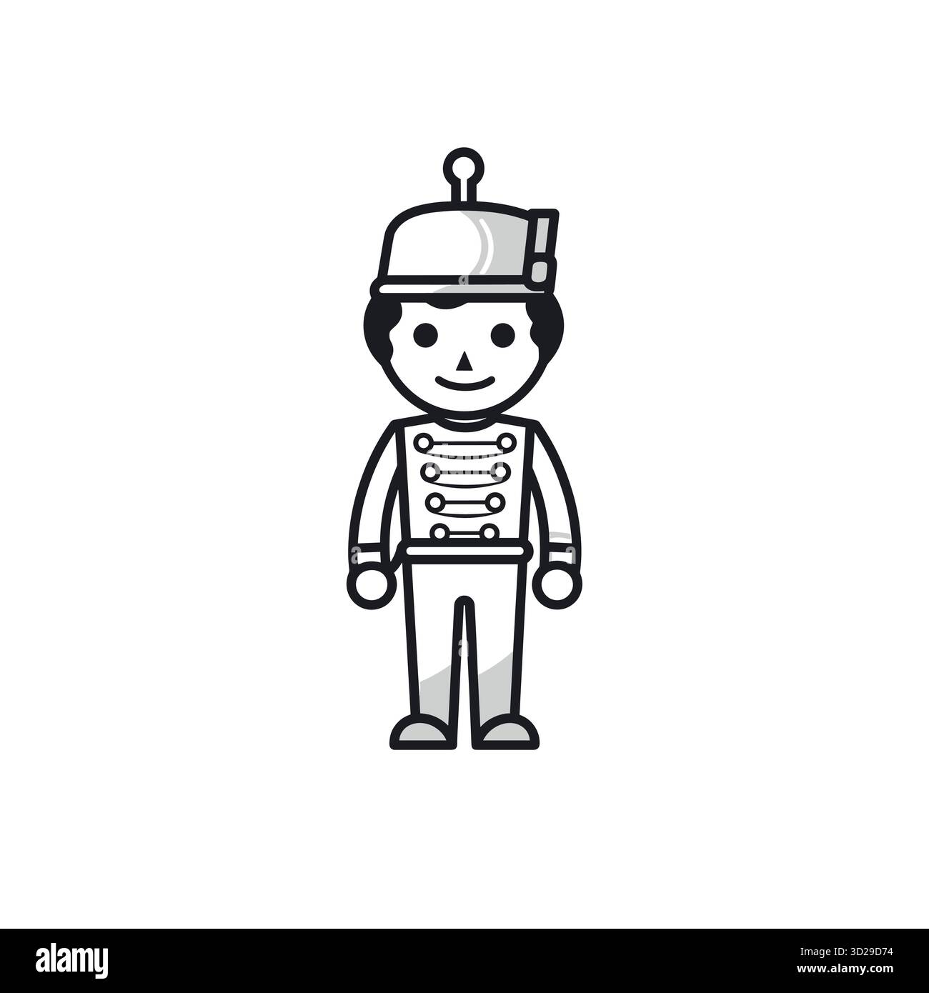 Der Spielzeugsoldat steht in Uniform und wird mit einem Lächeln aufmerksam Stock Vektor