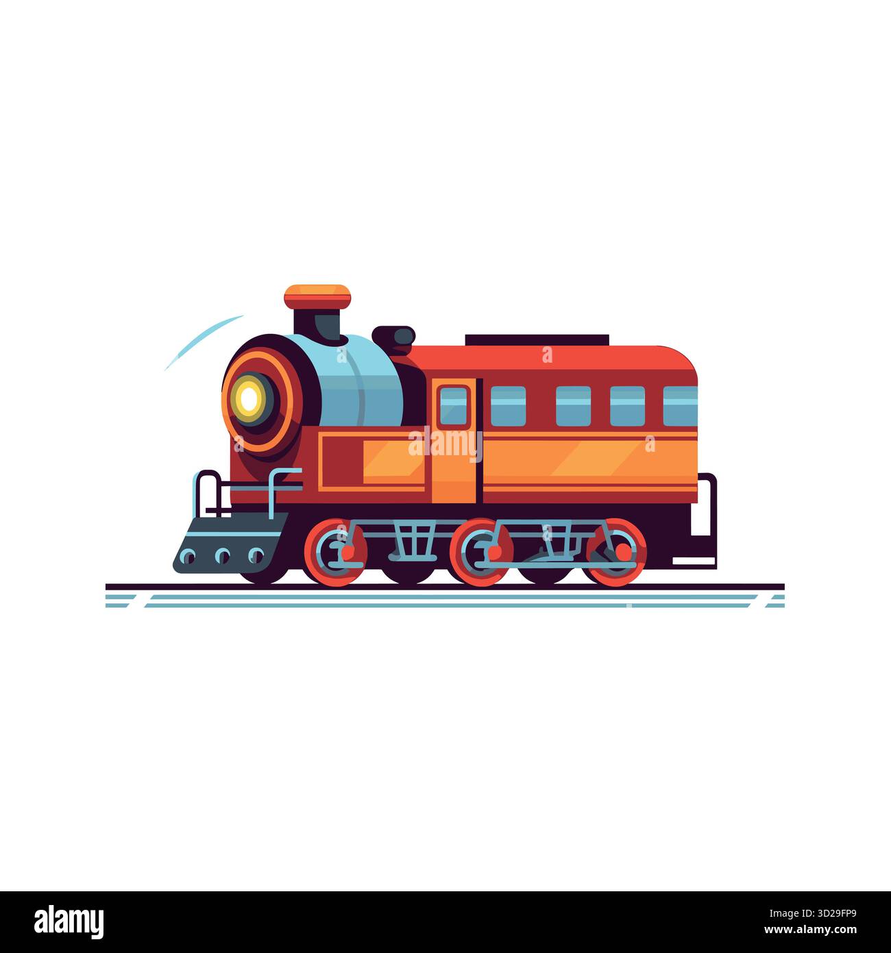 Ein klassischer Motorzug auf der Strecke mit roten und orangen Wagen, die entlang fahren Stock Vektor