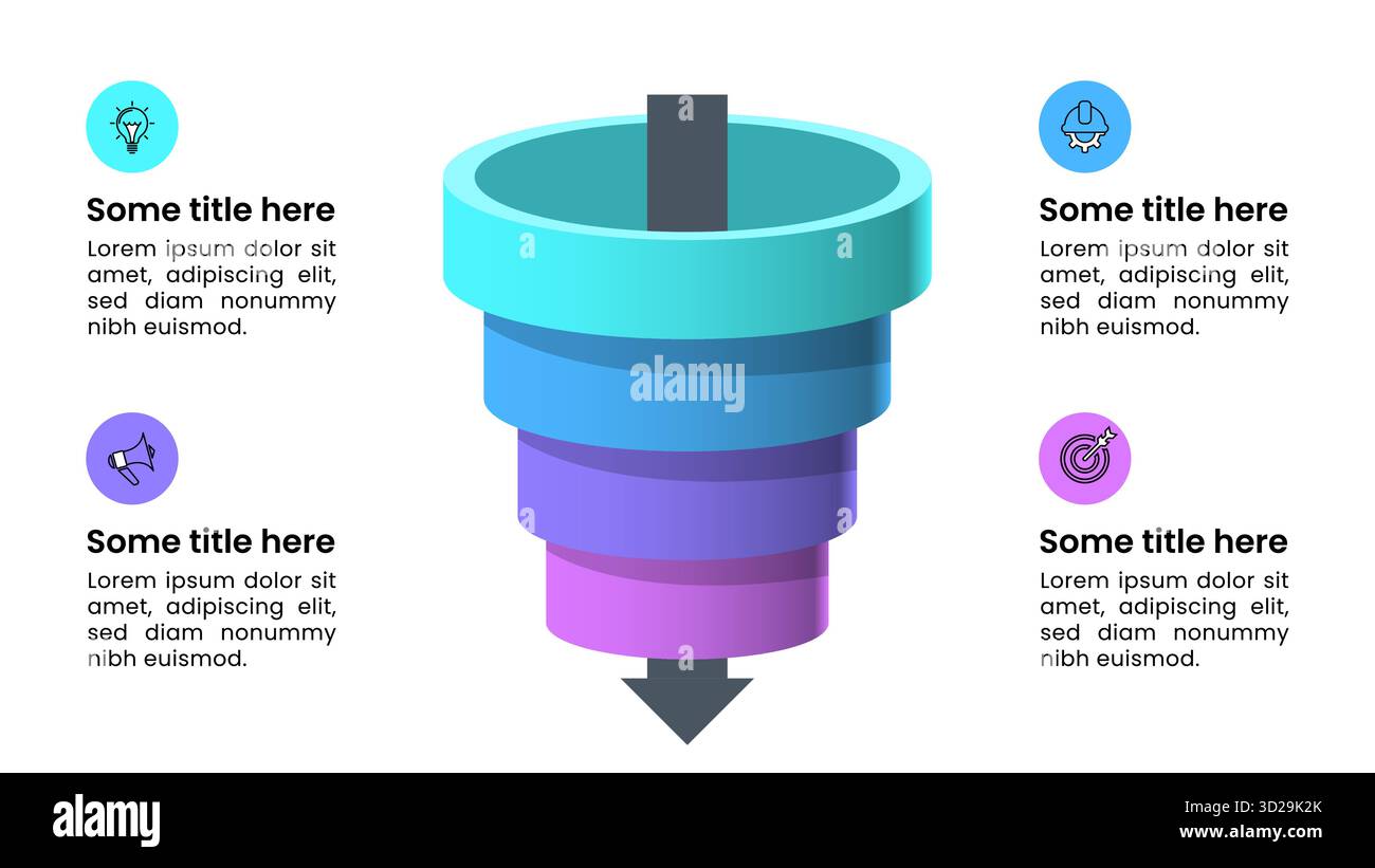 Infografik-Vorlage mit Symbolen und 4 Optionen oder Schritten. Trichter. Kann für Workflow-Layout, Diagramm, Banner, webdesign verwendet werden. Vektorgrafik Stock Vektor
