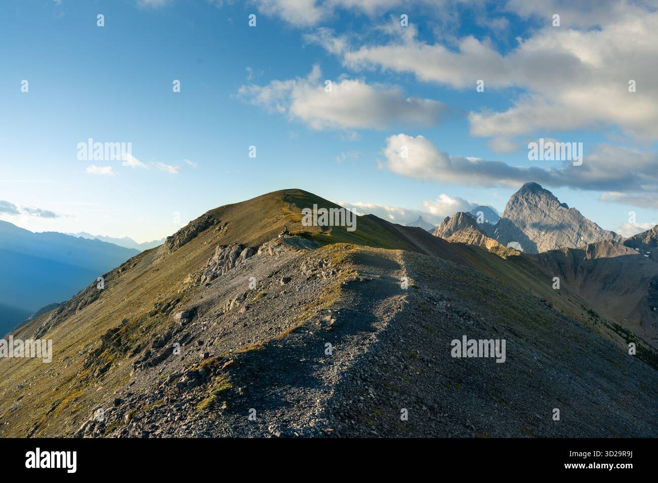 Ein gewundener Pfad schlängelt sich entlang der Gratlinie eines zerklüfteten, felsigen Berges. Zelt Ridge, Kananaskis, ab Stockfoto