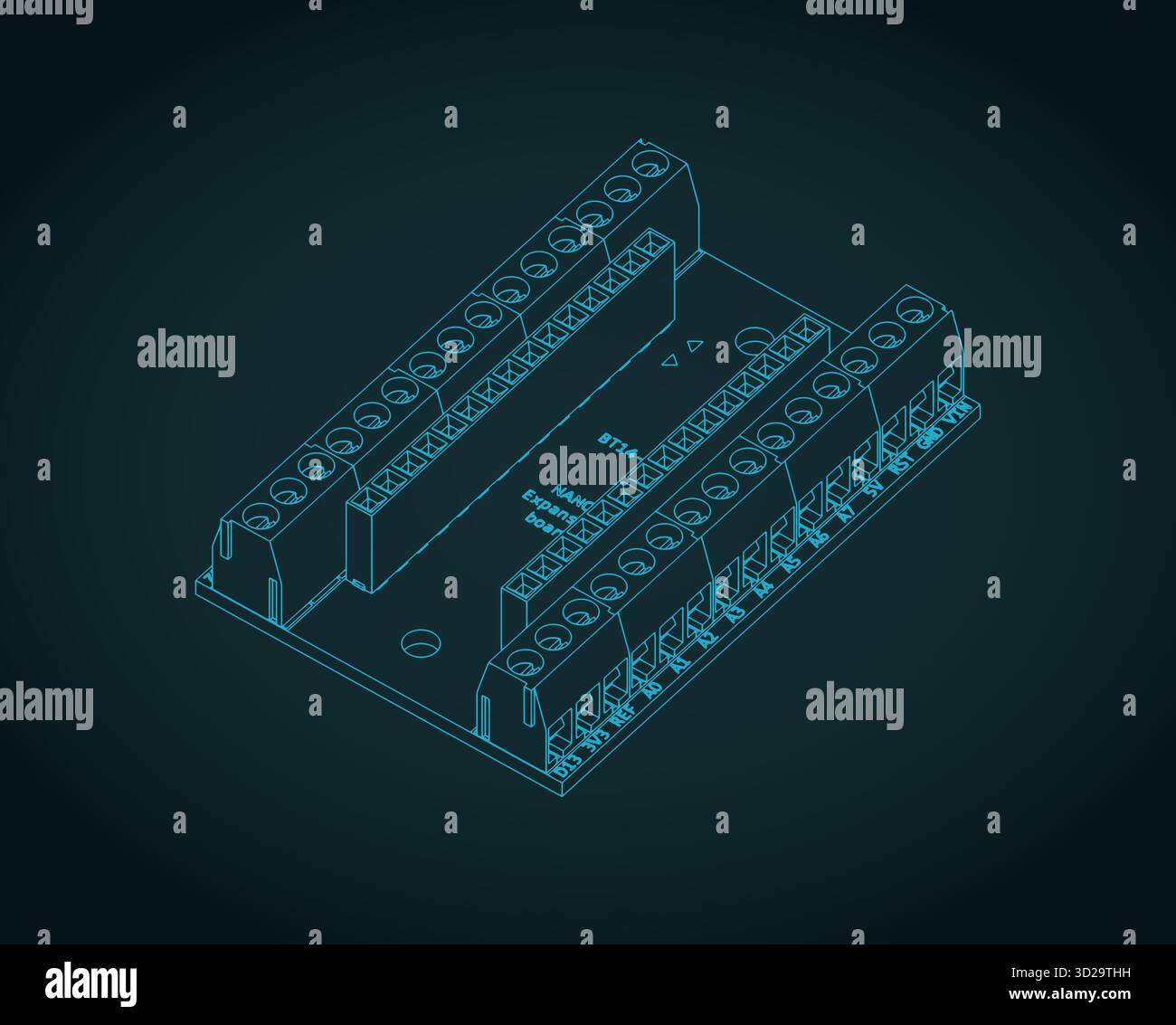 Arduino Nano IO Shield isometrischer Blueprint. Stilisierte Vektorabbildungen von Arduino Hardware Stock Vektor