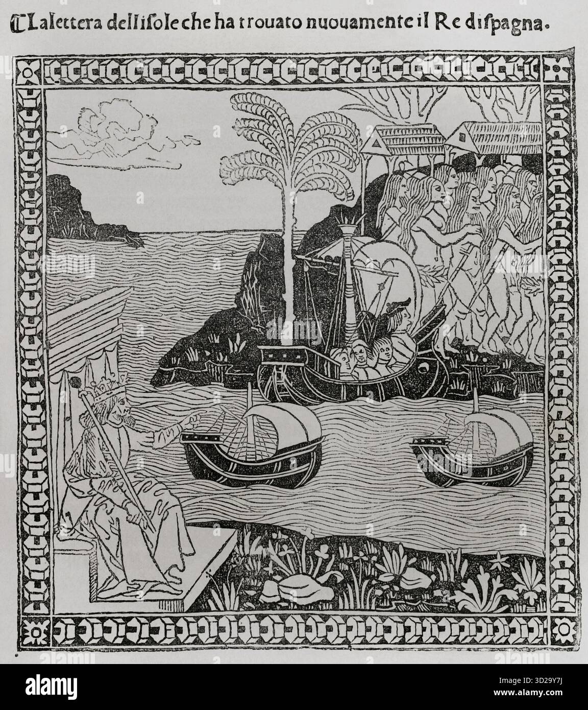 Christoph Kolumbus (1451-1506). Navigator, Kartograf und Admiral. Er diente der Krone von Kastilien. Entdecker von Amerika im Jahr 1492. Faksimile einer Illustration aus einem der Briefe von 1493, in der die Entdeckung der Indischen Inseln angekündigt wird, eine italienische Version, die in Florenz gedruckt wurde. Landfall der Expedition unter der Leitung von Columbus, der am Bug seines Schiffes Santa María dargestellt ist. Ferdinand II., König von Spanien, zeigt über den Atlantik zu dem Ort, an dem Columbus mit drei Schiffen unter einer großen Gruppe indigener Völker an Bord geht. Gravur. Amerika. Die Geschichte ihrer Entdeckung von Primitive Stockfoto